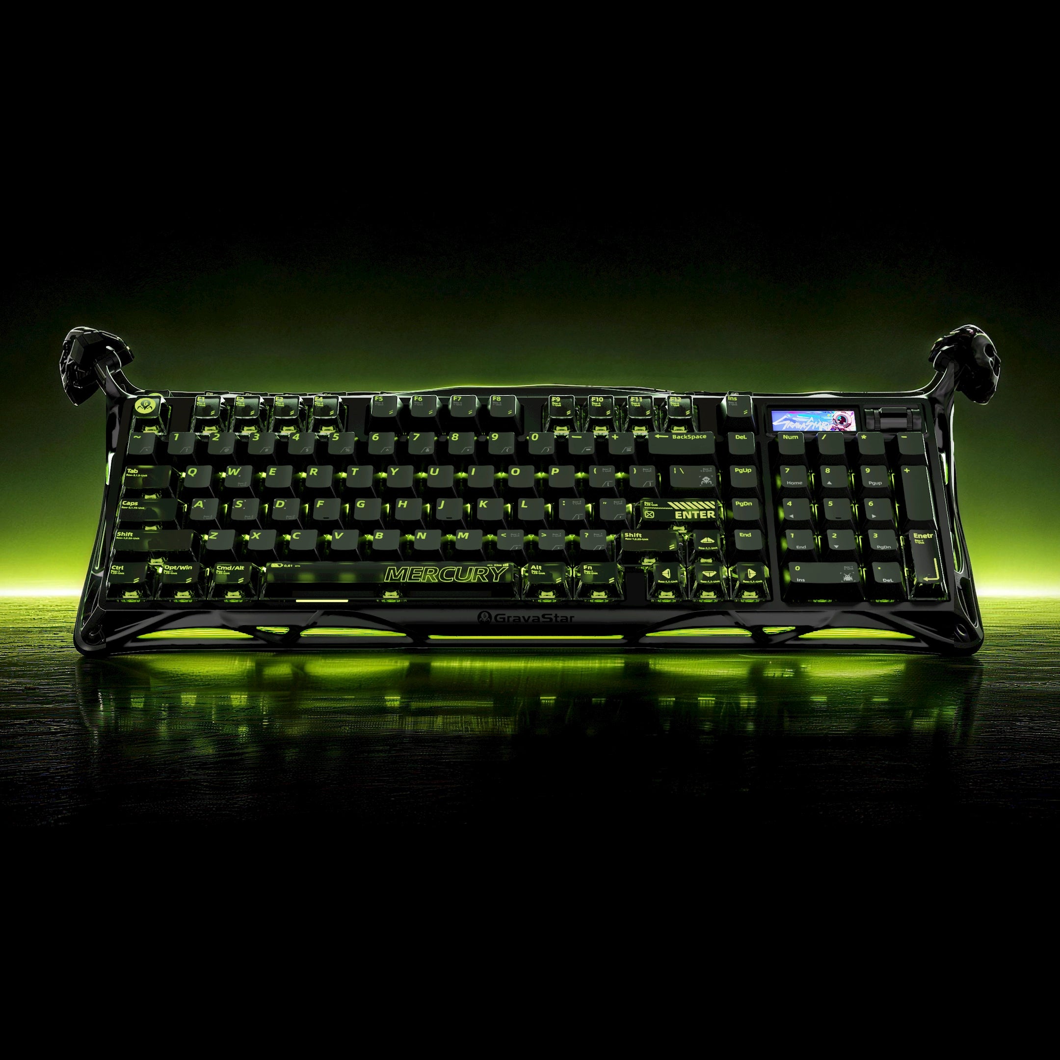 GravaStar Mercury K98 Pro Phantom Schwarz - Kabellose 98% Mechanische Gaming-Tastatur im ANSI-Layout mit RGB-Beleuchtung und Aluminium-Exoskelett | GravaStar Mercury K98 Pro Phantom Black - Wireless 98% mechanical gaming keyboard in ANSI layout with RGB lighting and aluminum exoskeleton