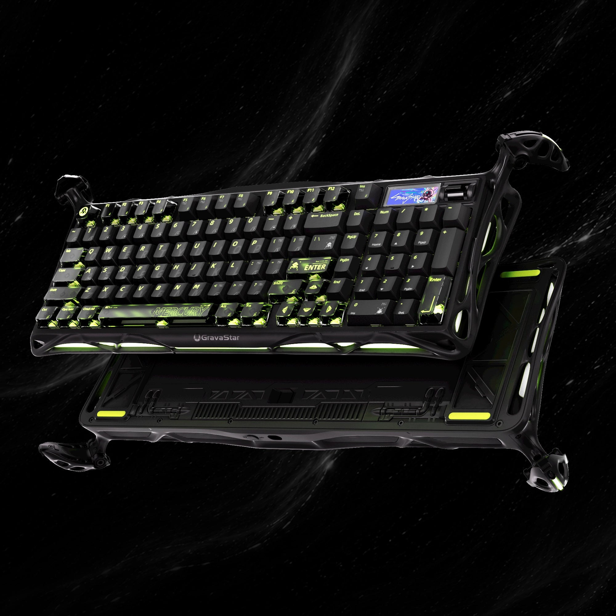 GravaStar Mercury K98 Pro Phantom Schwarz Tastatur auf dunklem Cyberpunk Schreibtisch-Setup - Exklusives Desk Vibe Upgrade | GravaStar Mercury K98 Pro Phantom Black gaming keyboard on dark cyberpunk desk setup - premium vibe upgrade for gamers