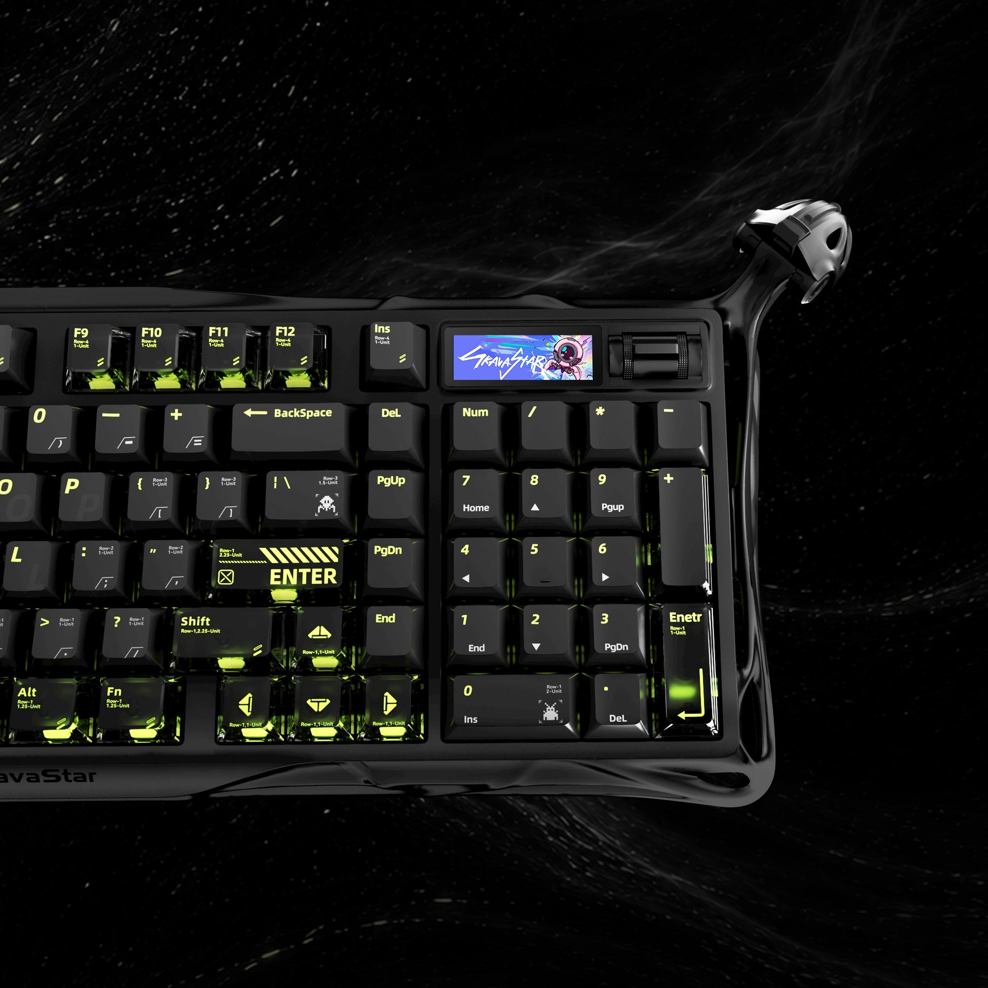 Glänzendes Phantom-Schwarz Aluminium-Exoskelett Gehäuse der GravaStar Mercury K98 Pro im futuristischen Cyberpunk-Design | Shiny Phantom Black aluminum alloy exoskeleton frame of GravaStar Mercury K98 Pro keyboard in futuristic cyberpunk design