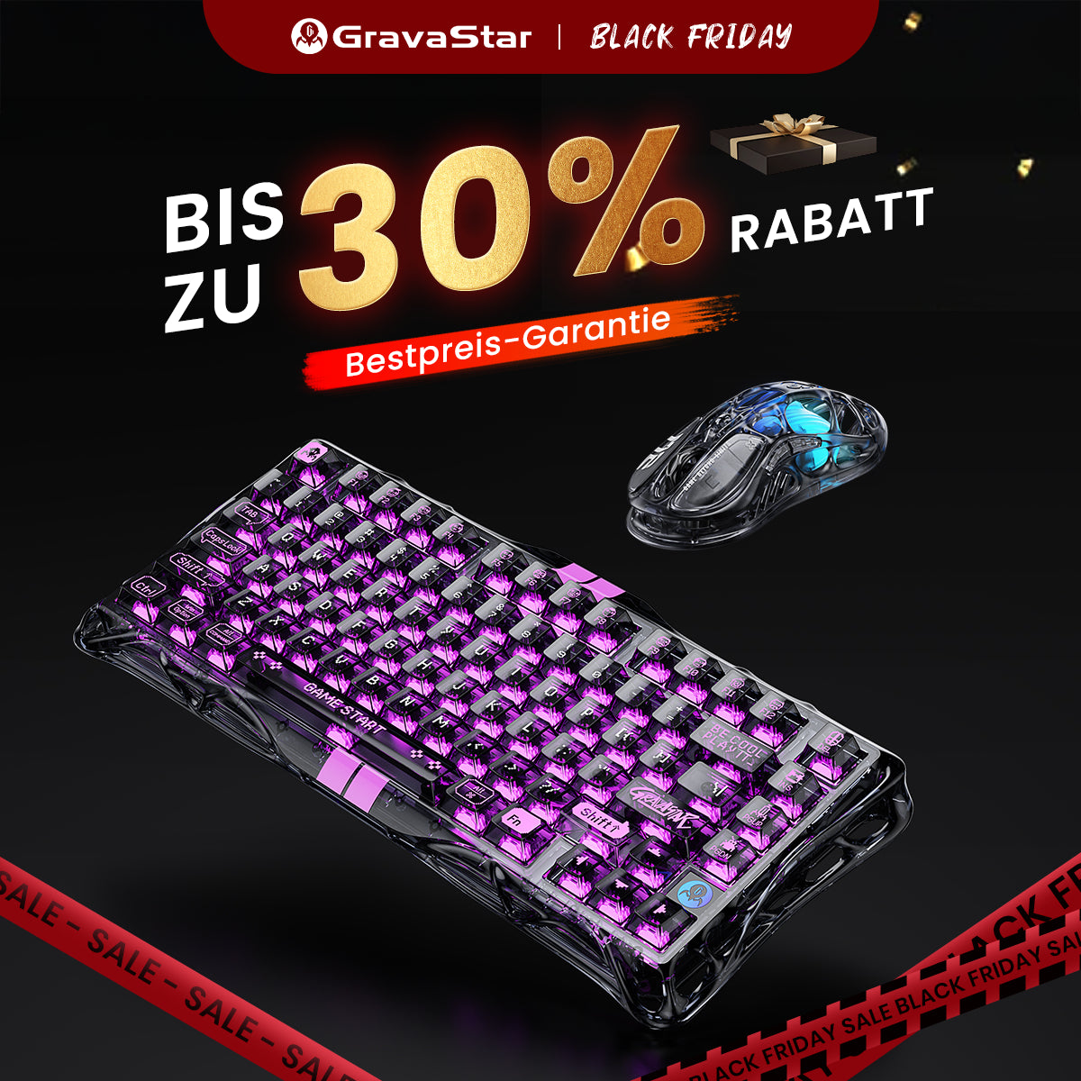 GravaStar Crystal-Elite Hall-Effekt Gaming-Set - Transparent Schwarz