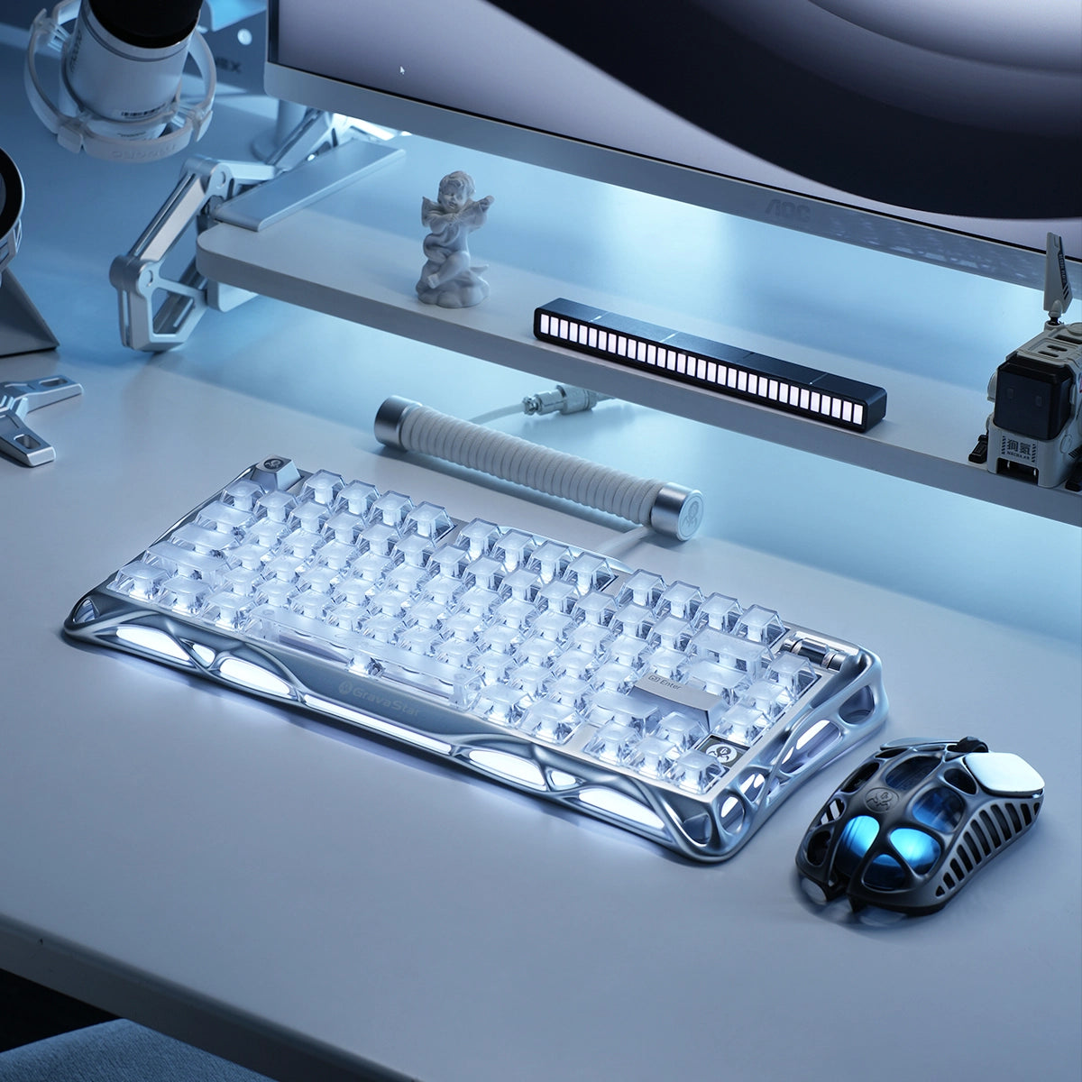 Lieferumfang der GravaStar Mercury V75 Silberfrost mit USB-C-Kabel, 2-in-1-Keycap-Puller und 4 UFO-Ersatz-Switches