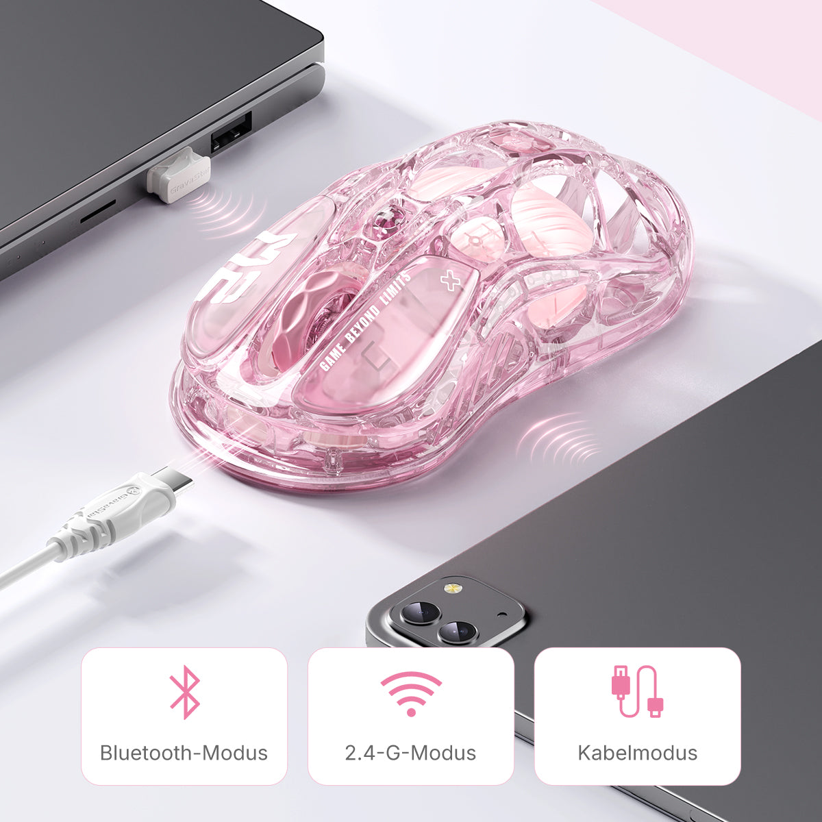 GravaStar M2 マウス 本体 ピンク Mercury M2 Crystal Pink Gaming Mouse - 26,000 DPI PAW3395 | Ships